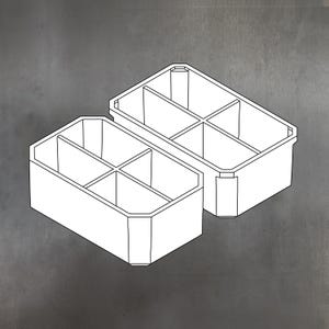 May include: Two white rectangular storage containers with internal dividers, creating six compartments each. The containers are set against a grey background, with a simple, clean design. Ideal for organizing small items.