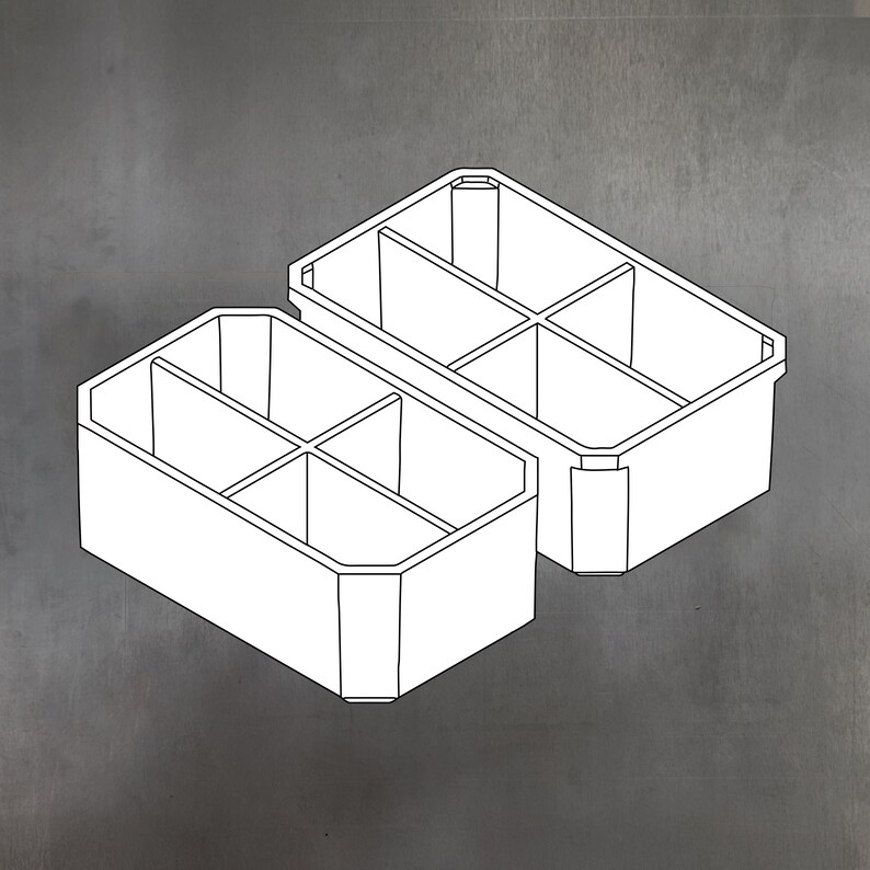 May include: Two white rectangular storage containers with internal dividers, creating six compartments each. The containers are set against a grey background, with a simple, clean design. Ideal for organizing small items.