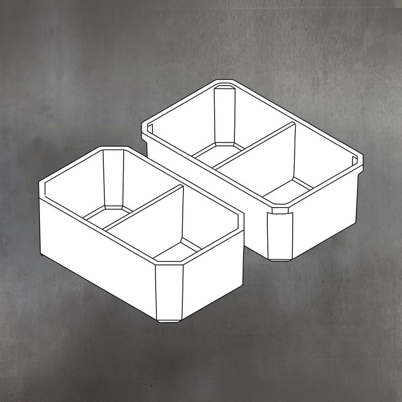 May include: Two white rectangular storage containers with internal dividers. The containers are shown in a 3D perspective, with a simple, clean design. The background is a solid grey colour.