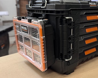 Side mounting hooks for hanging Ridgid Pro Gear System 2.0 Small Parts Half Organizer