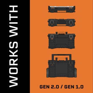 Peut inclure: Graphique orange et noir pr&eacute;sentant quatre bo&icirc;tes &agrave; outils noires avec des d&eacute;tails orange. Le texte blanc "WORKS WITH" est &agrave; gauche, et "GEN 2.0 / GEN 1.0" en bas.