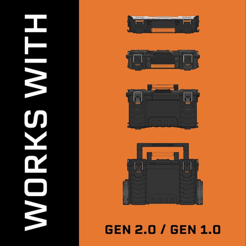 Peut inclure: Graphique orange et noir pr&eacute;sentant quatre bo&icirc;tes &agrave; outils noires avec des d&eacute;tails orange. Le texte blanc "WORKS WITH" est &agrave; gauche, et "GEN 2.0 / GEN 1.0" en bas.