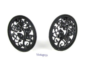 Earrings Black Rhinestone Floral Clip On Vintage