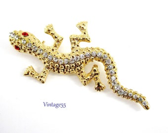 Rhinestone Brooch Lizard Gecko Gold Tone 4"