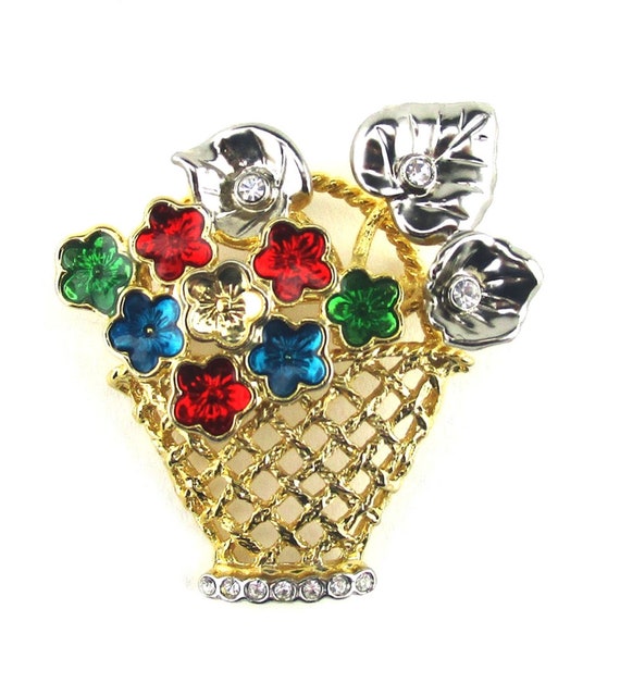 Flower Basket Brooch Enamel Rhinestone Vintage - image 6