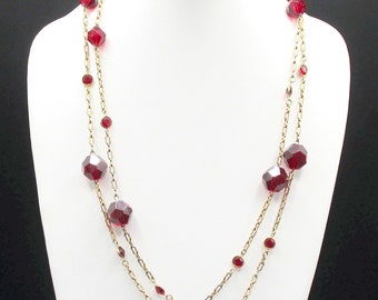 Garnet Red Beaded Necklace Bezel 58 inch Vintage