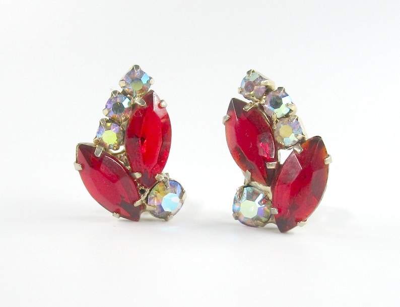 Red Rhinestone Earrings Silver tone Clip On