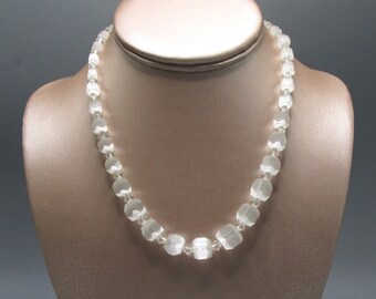 Czech Necklace White Satin Glass Beaded signed 17"