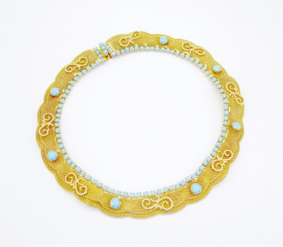 Mesh Collar Necklace Turquoise Glass Vintage 16" - image 3