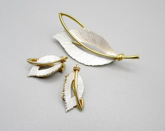 Fall Leaf Brooch Set White Satin Gold tone by JJ