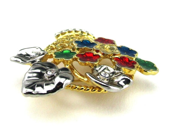 Flower Basket Brooch Enamel Rhinestone Vintage - image 5