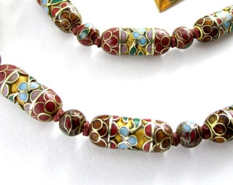 Necklace Floral Cloisonne Barrel Bead 22 inch