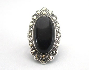 Uncas Ring Sterling Onyx Marcasite Pinky 2 1/2 Vintage 1930