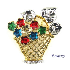 Flower Basket Brooch Enamel Rhinestone Vintage