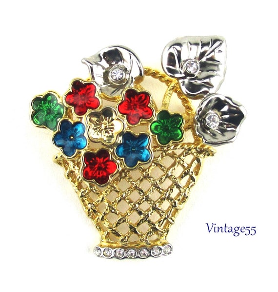 Flower Basket Brooch Enamel Rhinestone Vintage - image 1