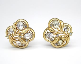 Earrings Crown Trifari Rhinestone Floral clip on