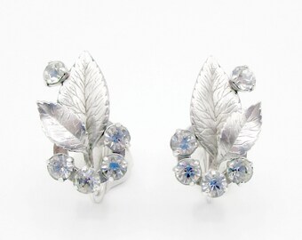 Krementz Earrings Silver tone Leaf Rhinestone Screw back