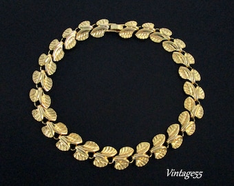 Gold tone Collar Necklace Double Leaf Links 18"