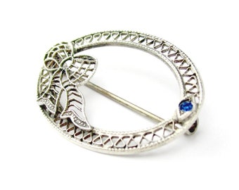 Sterling Pin Filigree Ribbon Blue Stone Small