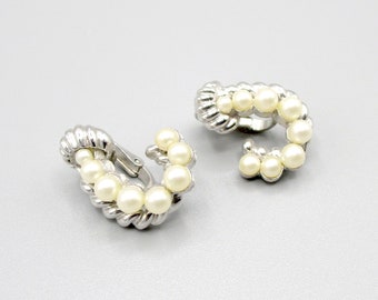 Trifari Faux Pearl Earrings Silver tone Clip on