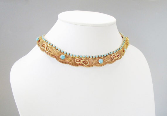 Mesh Collar Necklace Turquoise Glass Vintage 16" - image 2