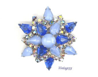 Brooch Blue Rhinestone Star AB Stones Celestial