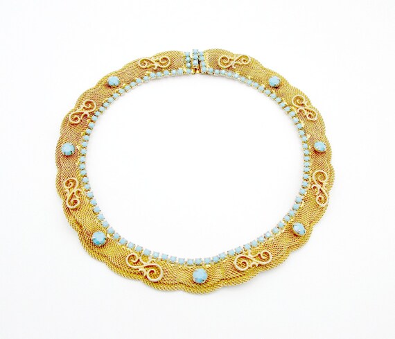 Mesh Collar Necklace Turquoise Glass Vintage 16" - image 1