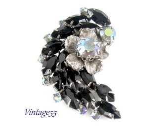 Floral Brooch Black Rhinestone Blue AB Silver tone