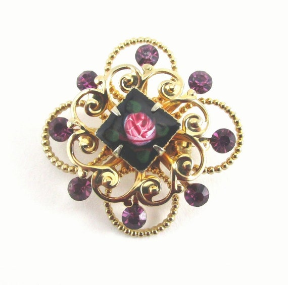 Brooch Pink Rose Purple Rhinestone Hand painted - image 7