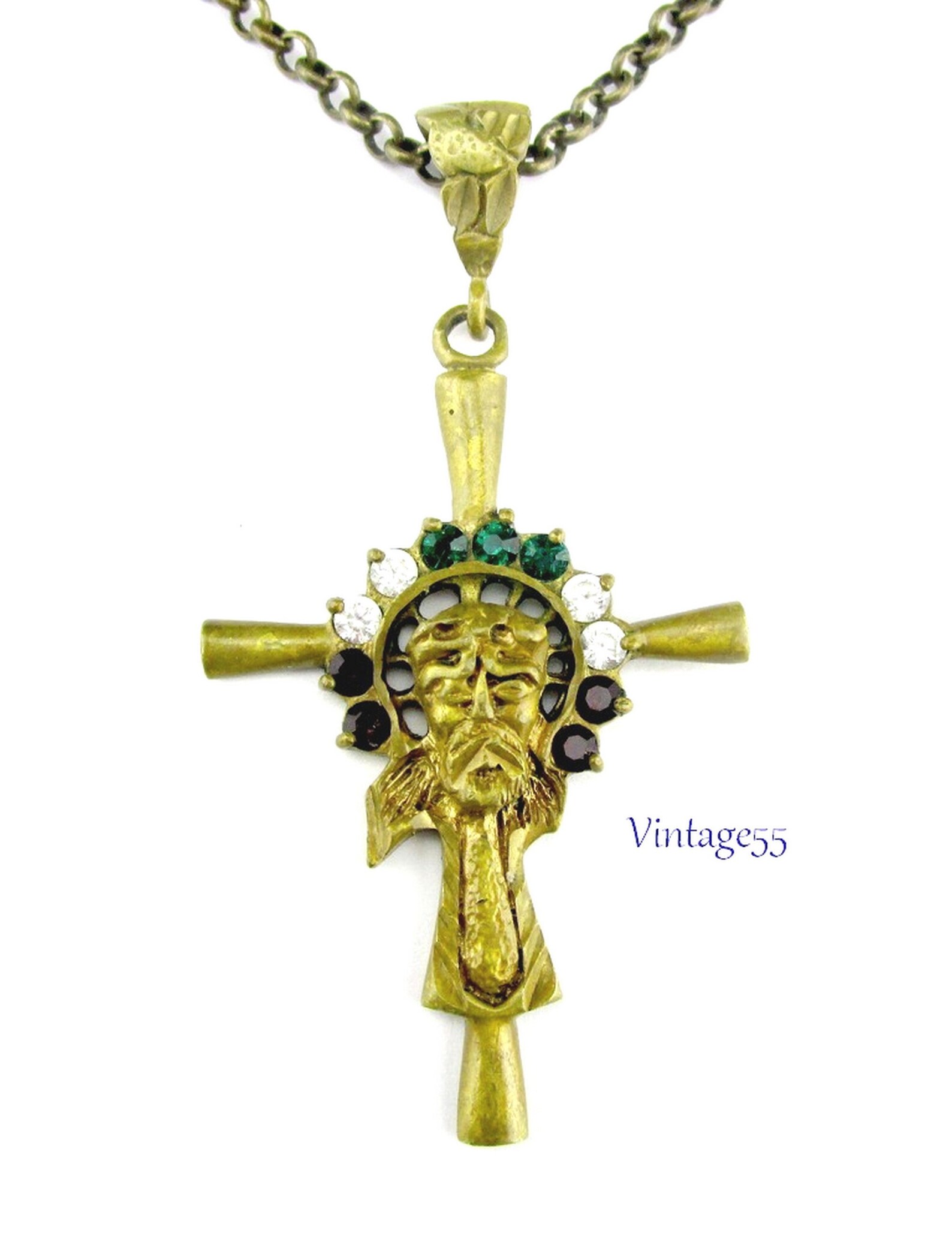 Rhinestone Cross Pendant Necklace Gold Gilt Italy Etsy