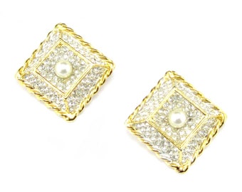 Rhinestone Earrings Faux Pearl Gold tone Clip On Vintage