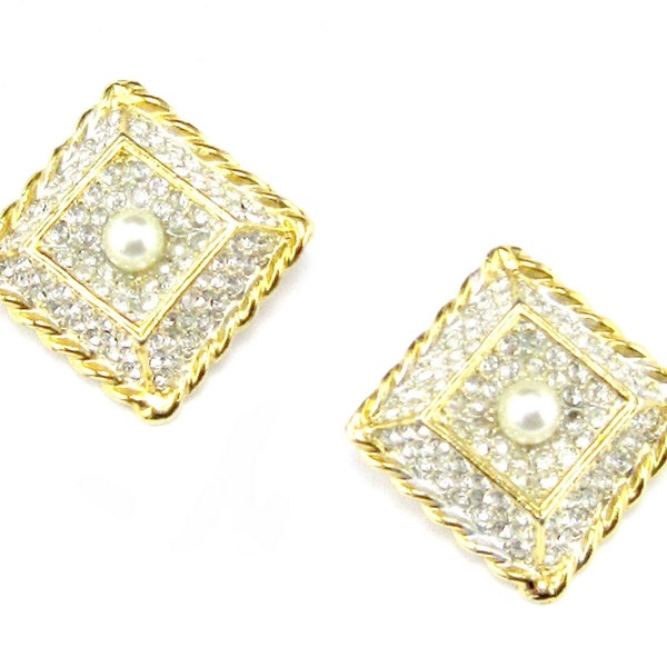 Rhinestone Earrings Faux Pearl Gold tone Clip On Vintage