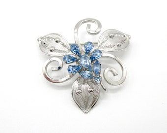 Sterling Brooch Blue Rhinestone Filigree Floral Espo Flex