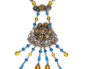 Necklace Tassel Pendant Beaded Blue Yellow Rhinestone 14 7/8