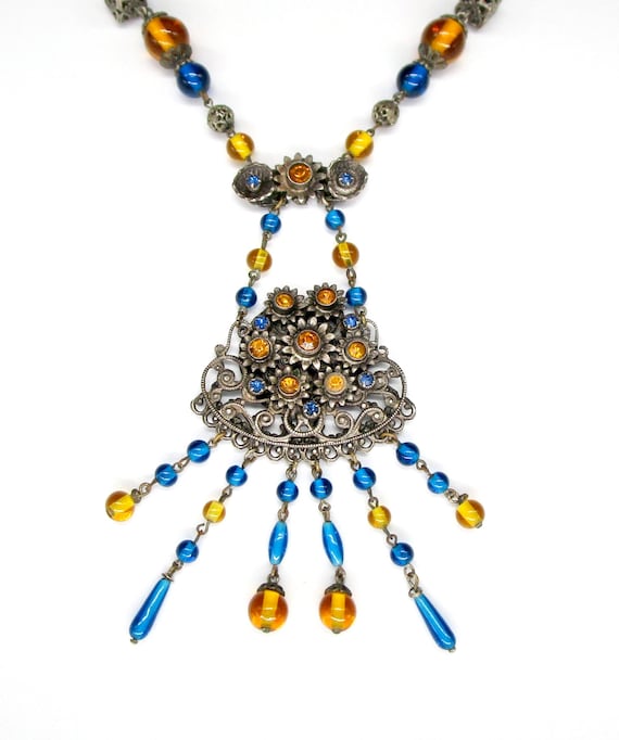 Necklace Tassel Pendant Beaded Blue Yellow Rhinest