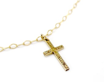 Pendant Cross Etched Gold tone on Gold filled chain Vintage