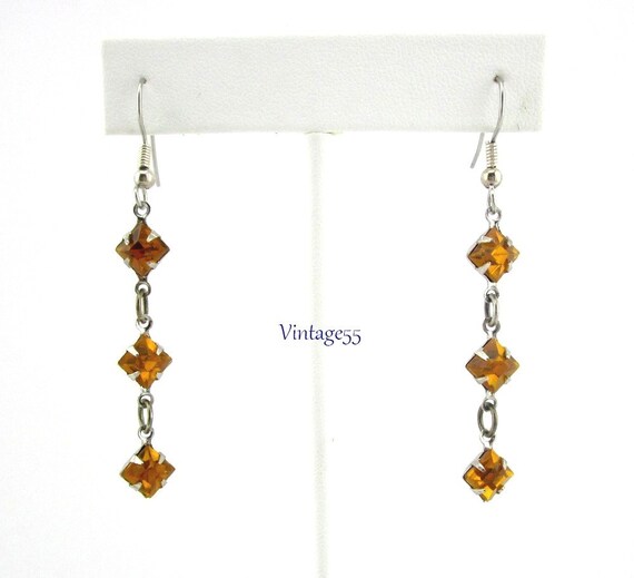 Gold Rhinestone  Earrings Square  Drop Pierced - image 5