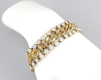 Opalescent Rhinestone Bracelet Gold tone 7"