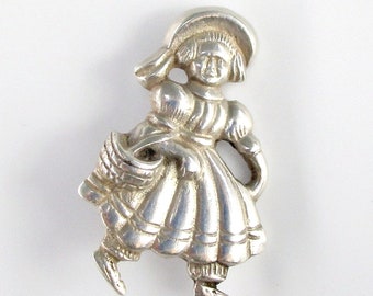 Dutch Girl Brooch Vintage 900 Coin Silver