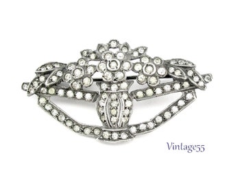 Sterling Rhinestone Brooch Flower Vase Art Deco