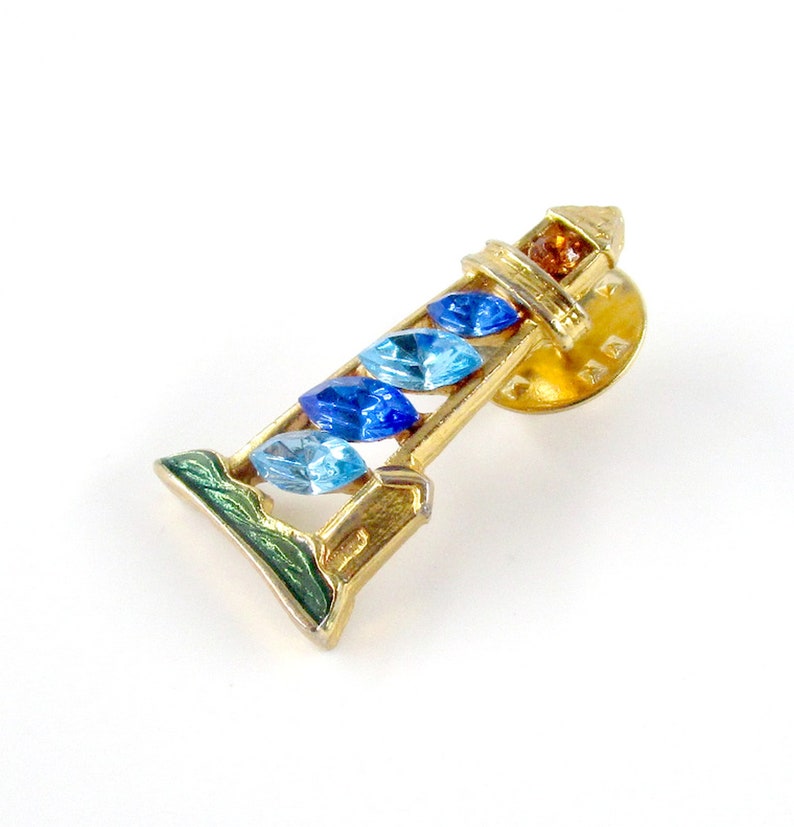 Rhinestone Lighthouse Tie Tac Blue Gold tone Enamel