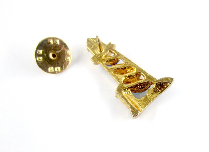 Rhinestone Lighthouse Tie Tac Blue Gold tone Enamel