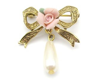 Victorian Style Rose Ribbon Pin Tear Drop Pear