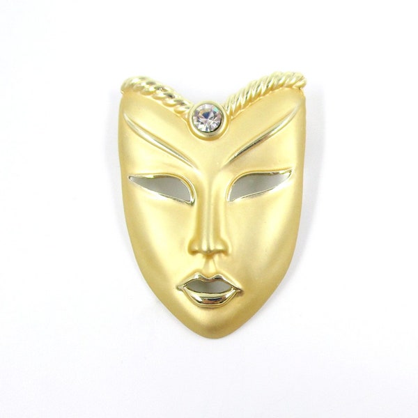 Mardi Gras Mask Brooch Gold tone Rhinestone