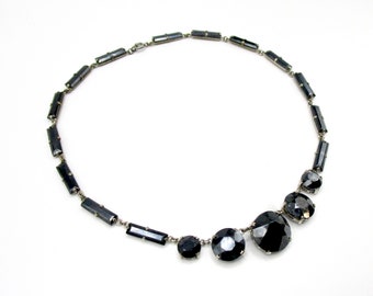 Art Deco Black Glass Necklace Signed Czechoslovakia 17"