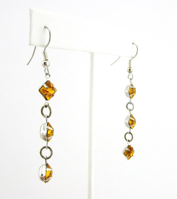 Gold Rhinestone  Earrings Square  Drop Pierced - image 4