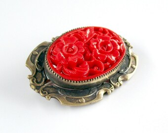 Red Glass Floral Brooch C Clip 1920