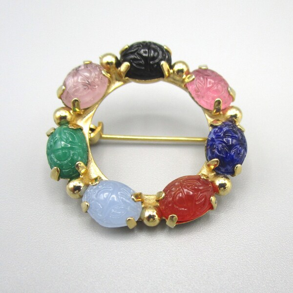 Scarab Brooch Circle Pin Semi Precious Stones