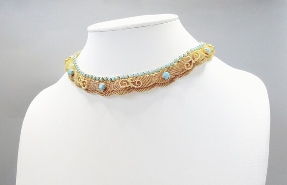 Mesh Collar Necklace Turquoise Glass Vintage 16" - image 8