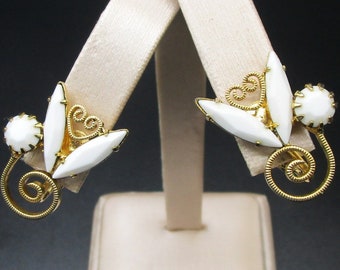 White Navette Glass Earrings Gold tone Clip on